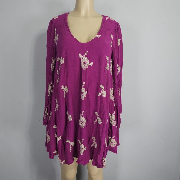Free People Womens Size M Emma Austin Purple Embroidered Long Sleeve Mini Dress - Picture 2 of 16